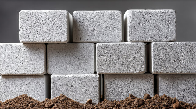 Freshly laid cinder block wall with rough texture and soil at base, construction material, industrial, sturdy, neutral color