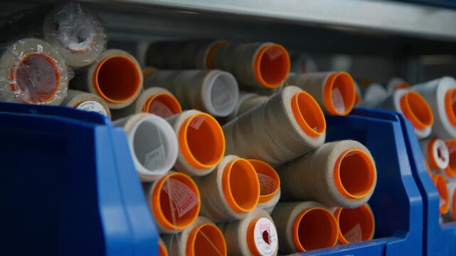 A hand pulls a spool of thread from a blue storage box. Surrounding it are numerous similar spools with orange edges and beige yarn. A scene from a textile manufacturing process.