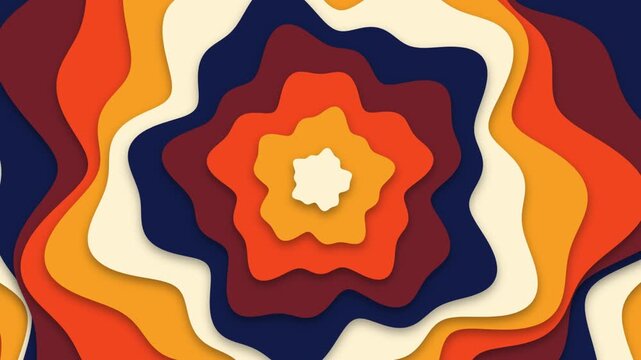 Abstract background with wavy layers in retro 70s color palette, paper cut style design with orange, brown, and navy blue shapes