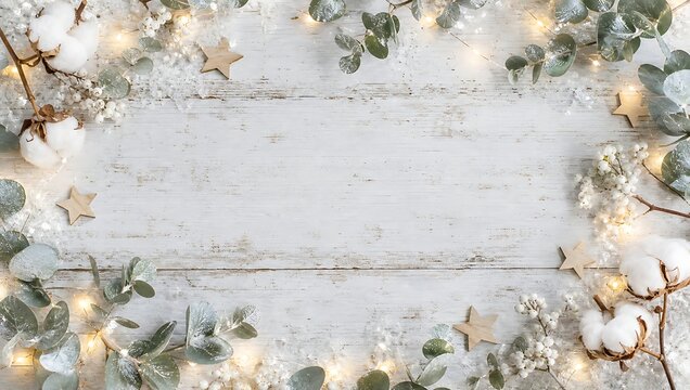 Christmas festive background with cotton flowers, eucalyptus and fairy lights