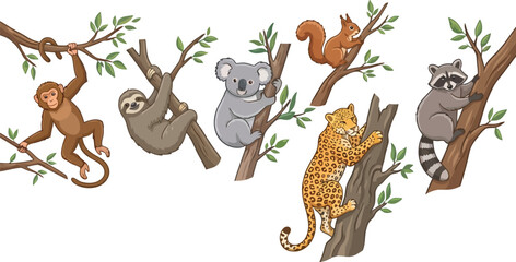 Fototapeta premium Collection of various wild animals climbing on tree branches in a watercolor style.
