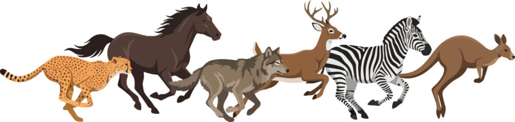 Fototapeta premium A diverse group of wild animals running together in a dynamic line.