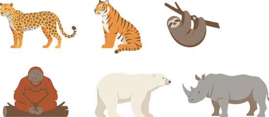 Fototapeta premium A collection of diverse wild animals including a leopard tiger sloth orangutan polar bear and rhinoceros.