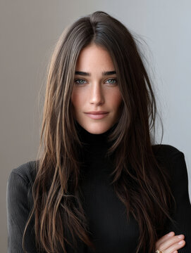 Brunette woman with oval face, long hair, green eyes, black turtleneck, natural makeup, confident expression, studio portrait