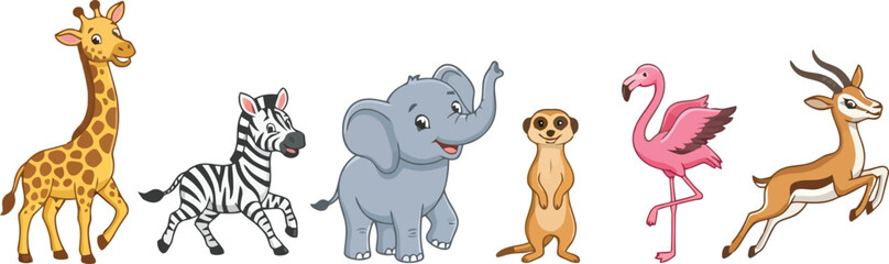 Fototapeta premium A collection of cute cartoon safari animals standing in a row.