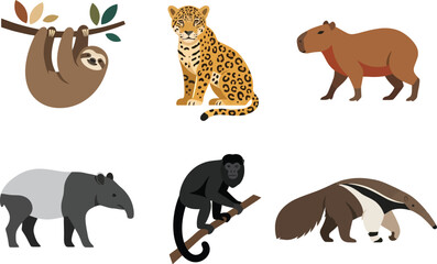 Fototapeta premium A collection of six distinct South American rainforest animals including a sloth jaguar capybara tapir monkey and anteater.