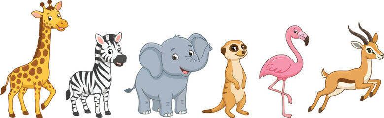 Fototapeta premium A colorful collection of cute cartoon African safari animals standing in a row.