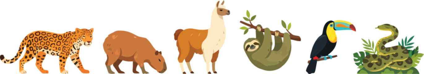 Fototapeta premium A collection of various South American wildlife animals including a jaguar capybara llama sloth toucan and snake.