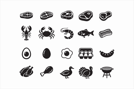 Meat, seafood, and protein food icon set in solid black style. Vector illustration for butcher shop, barbecue, and restaurant UI.