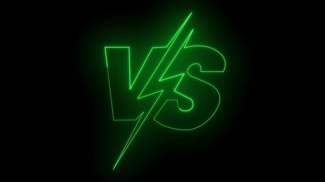 Neon versus battle screen with two glowing green letters v and s and a vibrant pink lightning bolt separating them animated against dark background motion graphic