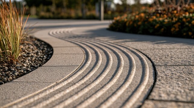 AI + Tactile Paving Curved stone pathway with decorative grooves winds through a garden bed with plants and flowers.