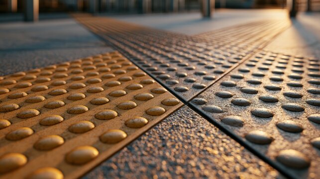 AI + Tactile Paving Close-up of tactile paving with raised bumps, designed to assist visually impaired pedestrians at an urban crosswalk.