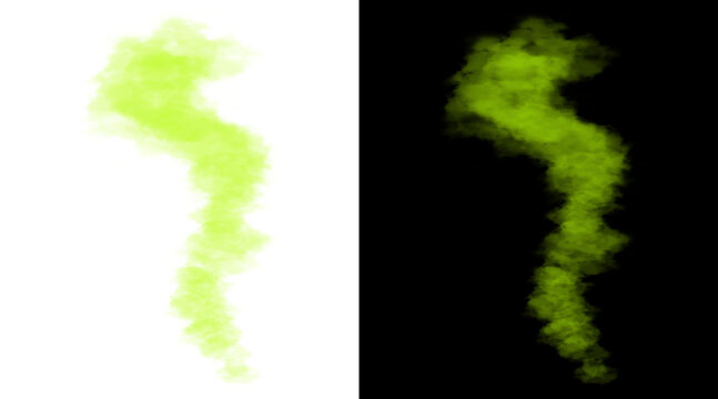 Toxic green smoke trail illustration, neon lime gas cloud on black and white backgrounds, acidic vapor plume for chemical or pollution concepts