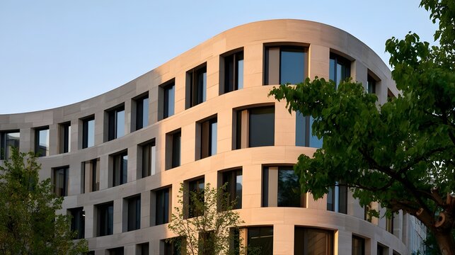 A modern curved building with repeating window patterns and warm stone facade under soft golden hour lighting