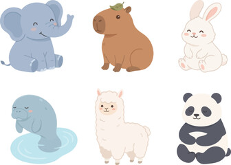 Fototapeta premium A collection of cute cartoon animals including an elephant capybara rabbit manatee alpaca and panda.