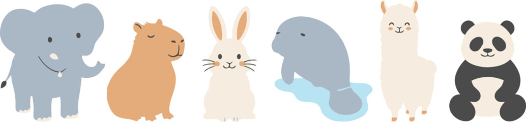 Fototapeta premium A collection of cute cartoon animals including an elephant capybara rabbit manatee llama and panda.