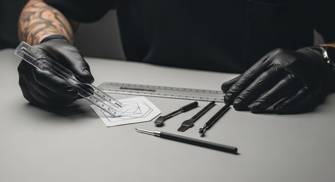 Tattoo artist meticulously preparing eyebrow microblading design with precision tools