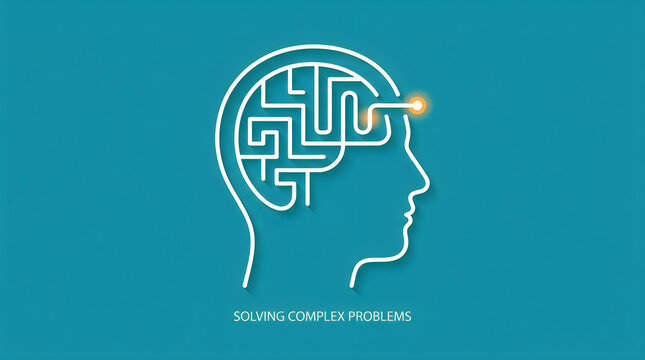 Human head silhouette with brain maze and lightbulb icon illustration