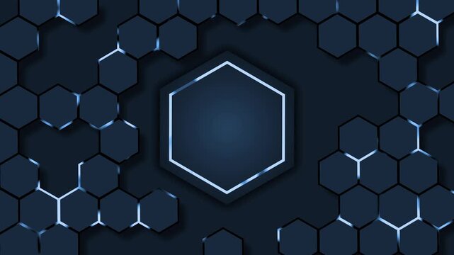 Dark hexagon honeycomb background with glowing frame abstract animation