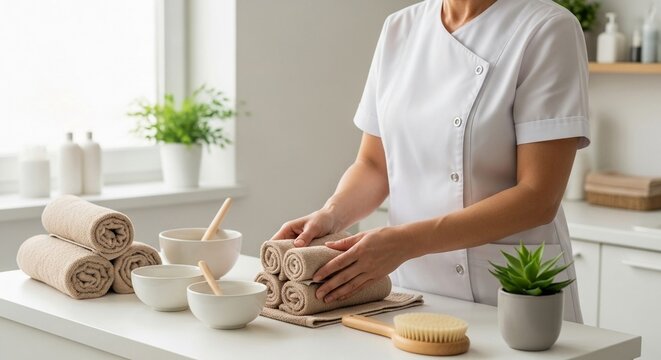 Professional spa therapist preparing towels and equipment for client wellness treatments in a bright, clean room
