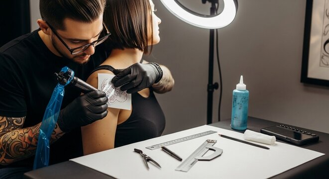 Professional tattoo artist carefully applying stencil design to client's skin in studio