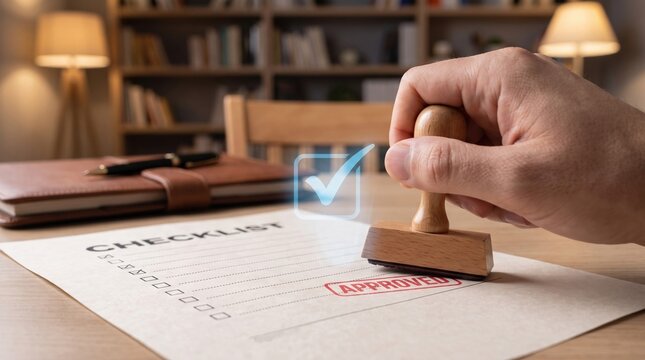 a hand using a wooden stamp to approve a checklist document with a digital checkmark