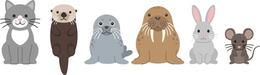 Fototapeta premium A collection of cute cartoon animals including a cat otter seal walrus rabbit and mouse.