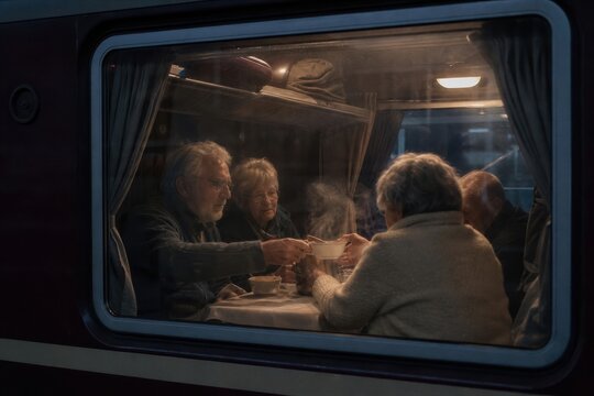 Senior man and senior woman sharing hot soup in train compartment. Travelers having dinner on night journey. Concept of connection, travel, warmth and friendship during delay.