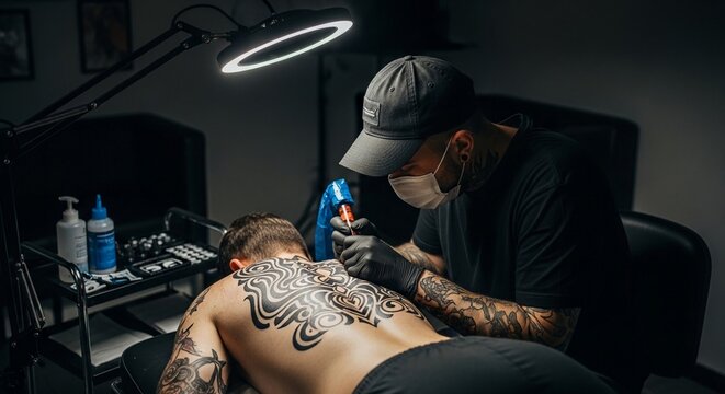 Skilled tattoo artist meticulously applies intricate black ink design onto client's back in studio