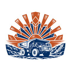Heavy mining dump truck illustration with geometric sunburst background, ideal for industrial machinery branding, logistics logos, and construction merchandise designs © Arvela