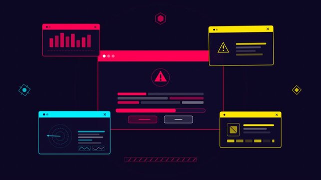 Cyber Security System Alert Interface with Neon Warning Windows and Data Dashboard.