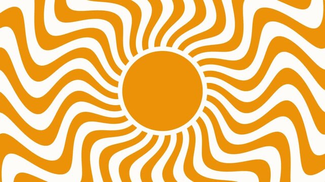 Abstract sun symbol with wavy orange rays radiating from a central circle in a retro 1970s psychedelic style