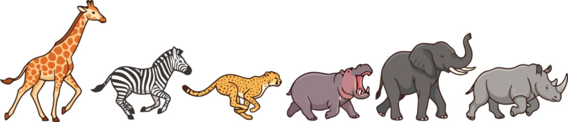 Fototapeta premium A colorful collection of diverse African safari animals walking in a row.