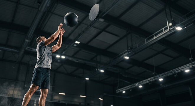 Male Athlete Throwing Medicine Ball Overhead in Gym