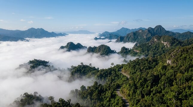 Serene Mountain Landscape with Fog Sea and Winding Road from Drone