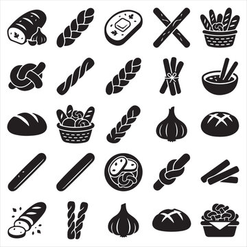 Collection of various bread and bakery product icons in a black and white graphic style with bakery products bread set loaf icons pastry icons food icons bread types baking elements wheat bread