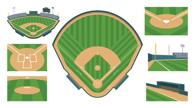 Professional baseball stadium vector illustration set featuring top-down diamond layout, perspective field view, pitcher's mound, home plate, dugout, and grandstand sports elements.