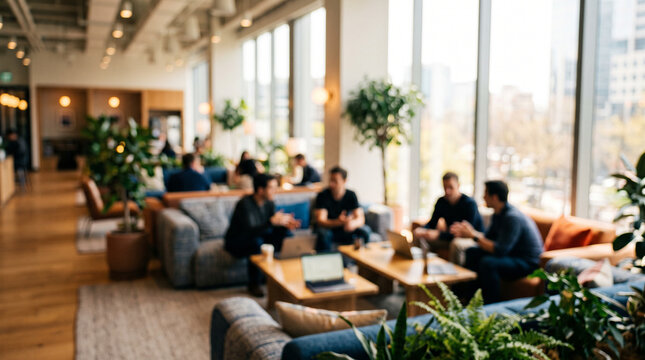 Defocused bright coworking lounge with entrepreneurs collaborating on sofas, warm natural light, startup background