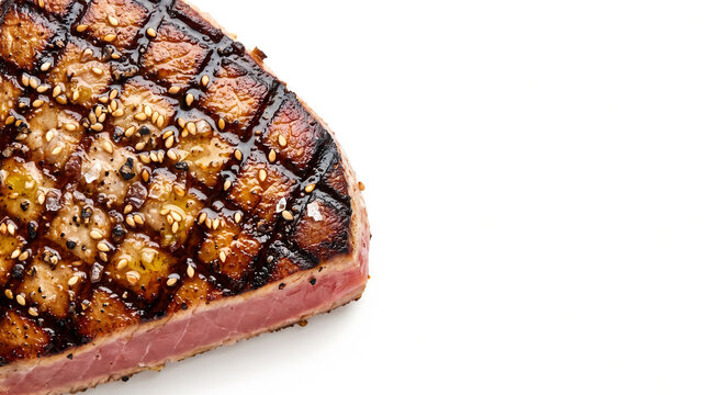 Overhead macro shot of grilled tuna steak with char marks on white background with copy space