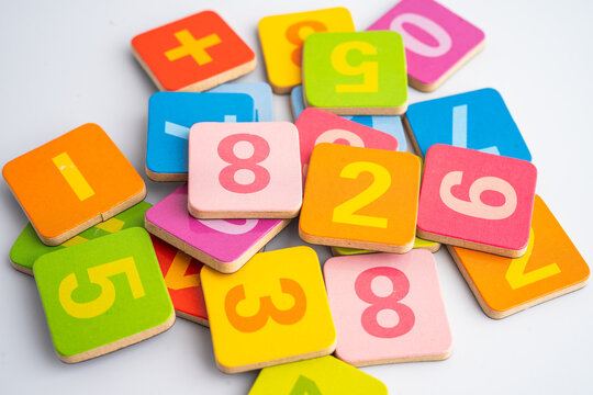 Number wood block cubes for learning Mathematic, education math.