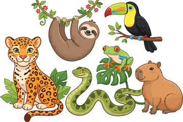 Fototapeta premium A collection of cute cartoon rainforest animals including a jaguar sloth toucan frog snake and capybara.