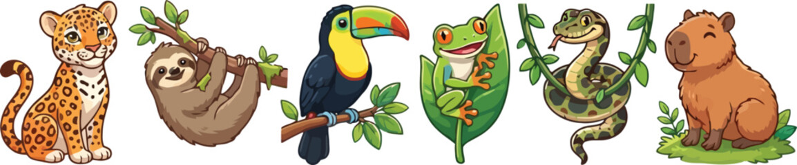 Fototapeta premium A collection of cute watercolor rainforest animals including a leopard sloth toucan frog snake and capybara.