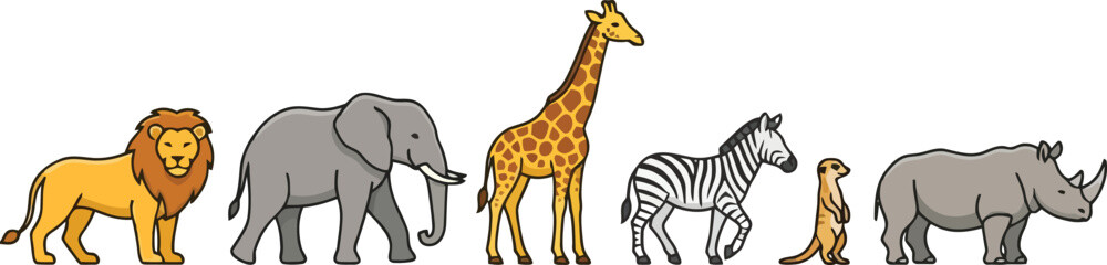 Fototapeta premium A colorful illustration featuring a group of diverse African safari animals standing together in a row.