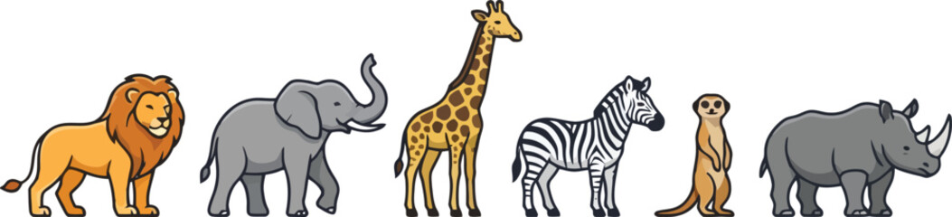 Fototapeta premium A collection of various wild African animals standing together in a row.