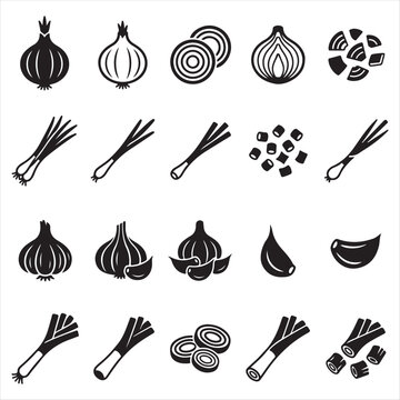 Set of onion and garlic ingredient icons in a black and white design with green onion culinary supply vegetable icon vegetables ingredients culinary scallion aromatic seasoning preparation