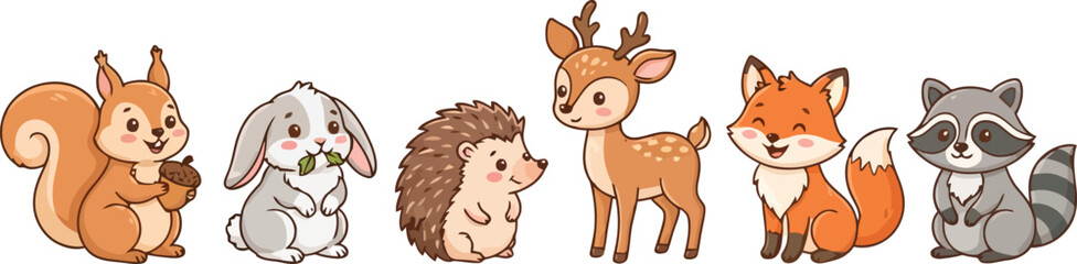 Fototapeta premium A collection of cute woodland animals including a squirrel rabbit hedgehog deer fox and raccoon.