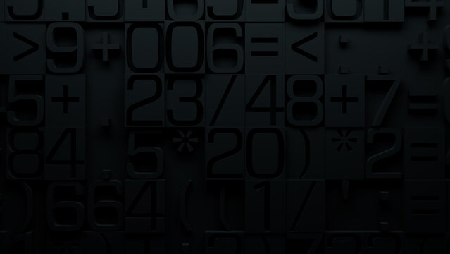 Close-Up of Textured Surface with Randomly Embossed Numbers and Mathematical Symbols on Dark Background for Educational Technology, Data Visualization, and Creative Digital Design Applications