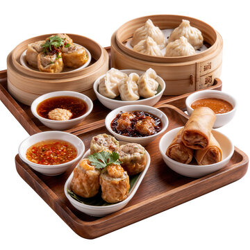 Dim sum assortment with spring rolls served in  at local eatery during lunchtime