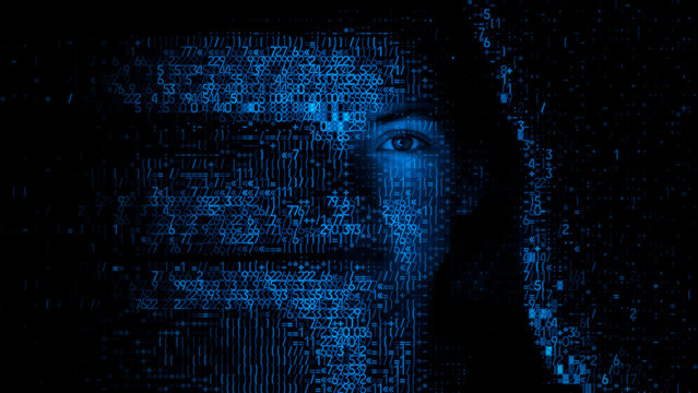 Woman's Face made of Machine Data. AI Training Data Concept.