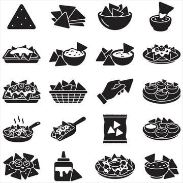 Nachos snack and dips icon set featuring mexican appetizers fast food taco sauce nacho cheese tortilla appetizer guacamole restaurant isolated elements collection culinary delicious